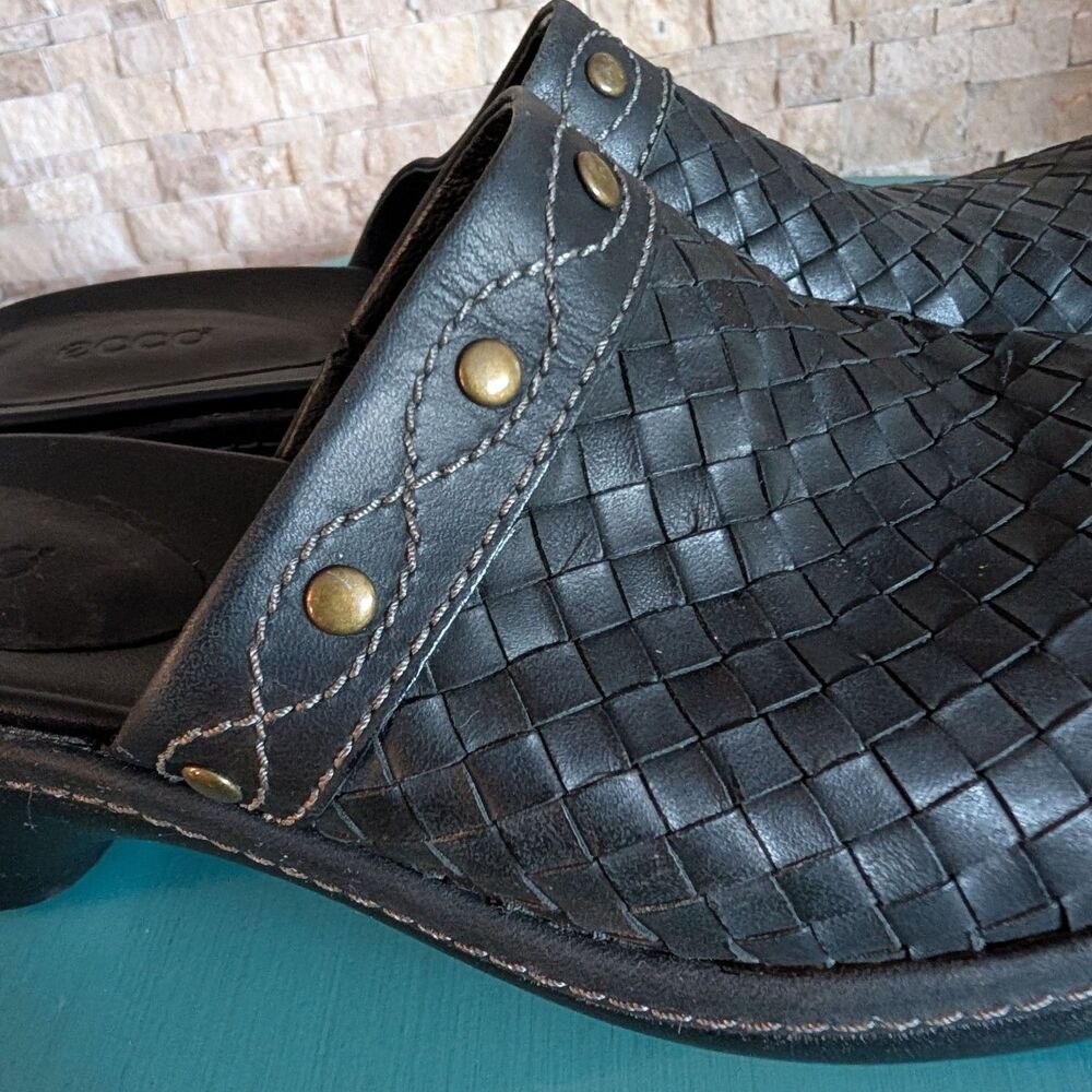 ECCO Women's Black Woven Leather Studded Clogs EU 38 US 7.5 Granola Comfort Boho image 5